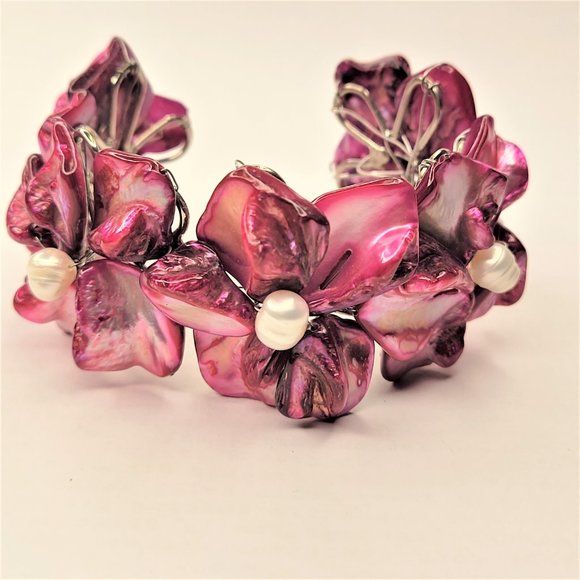 Purple Adjustable Cuff Bracelet with Pearl and Mother Of Pearl Shell Bangle -NEW - Picture 3 of 11